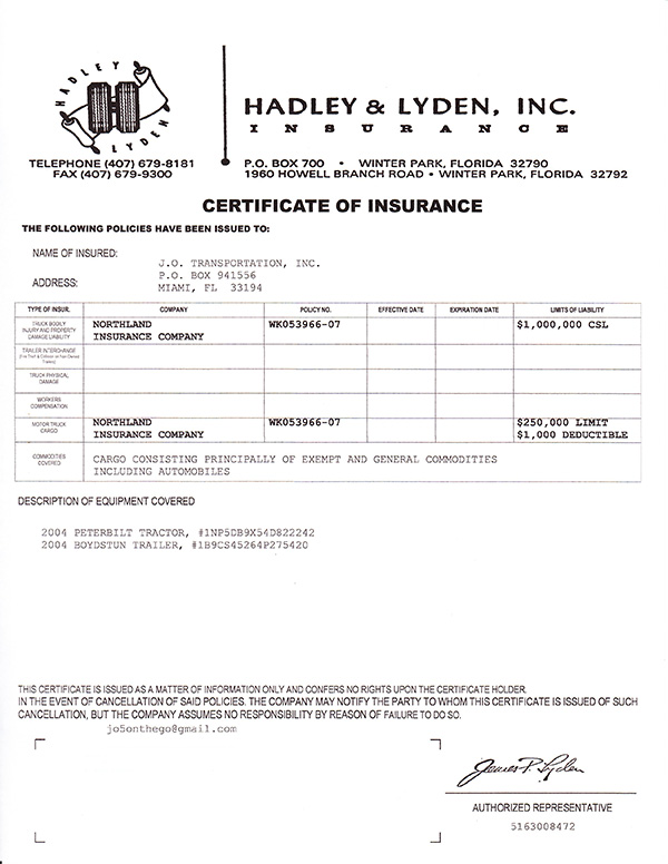 Document: Certificate of Insurance